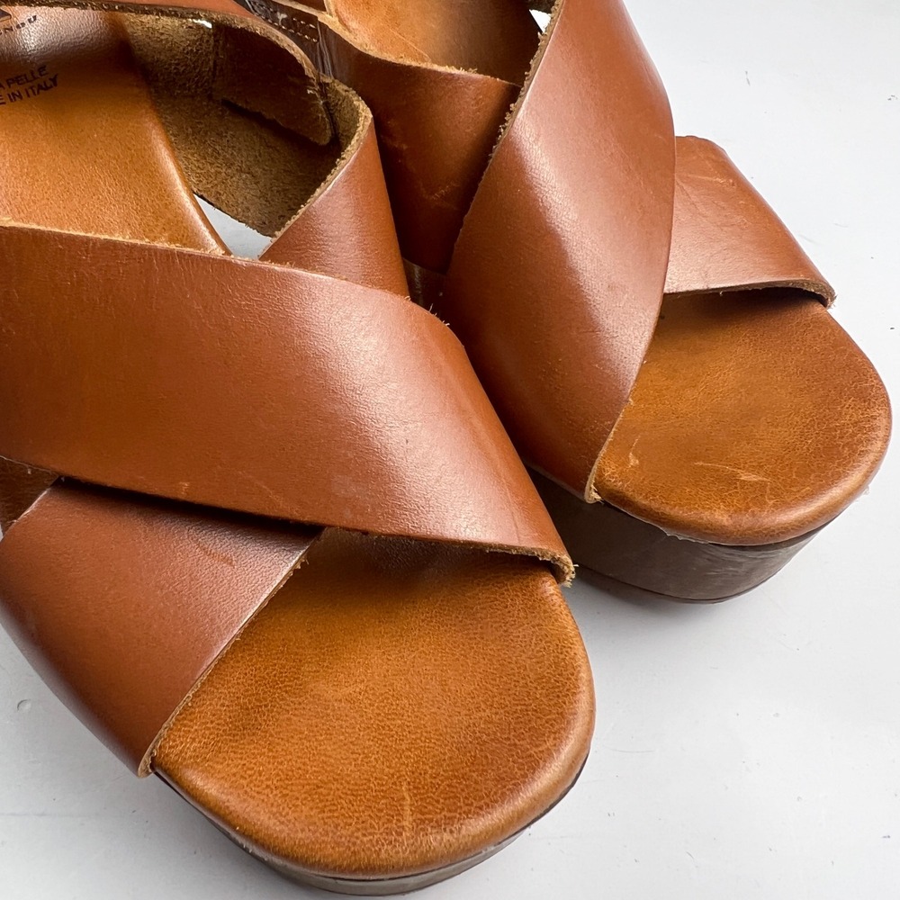 Brown Leather Wood Block Heel Boho Retro Platform Sandals Made in Italy Size 7 - Picture 16 of 16